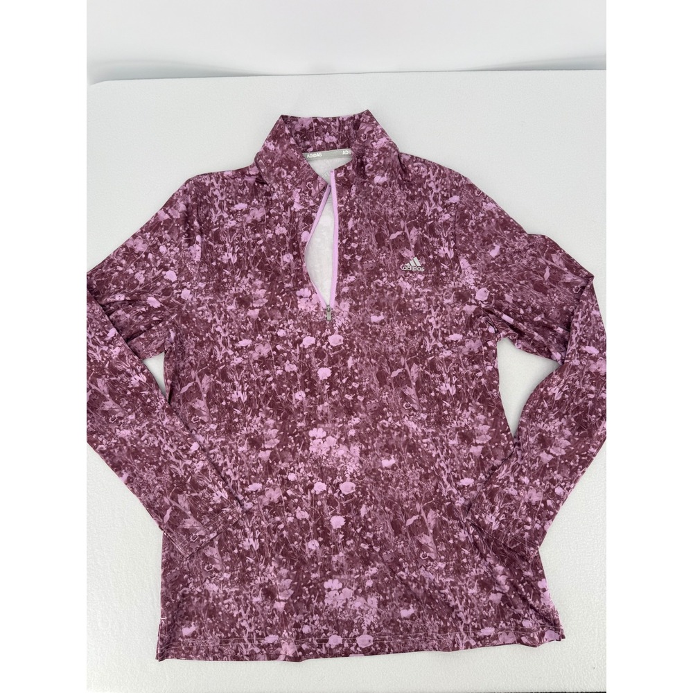 Adidas Golf Pullover Women Large Purple Floral Quarter Zip Long Sleeve Top